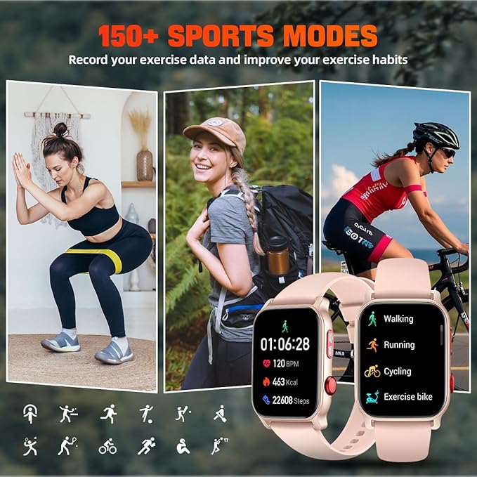 QTLLBT Smart Watch for Men Women 1.83 inch Screen Compatible iOS Android IP68 Waterproof 100+ Sports Bluetooth Fitness Watch Sleep Heart Rate Monitor (Pink)