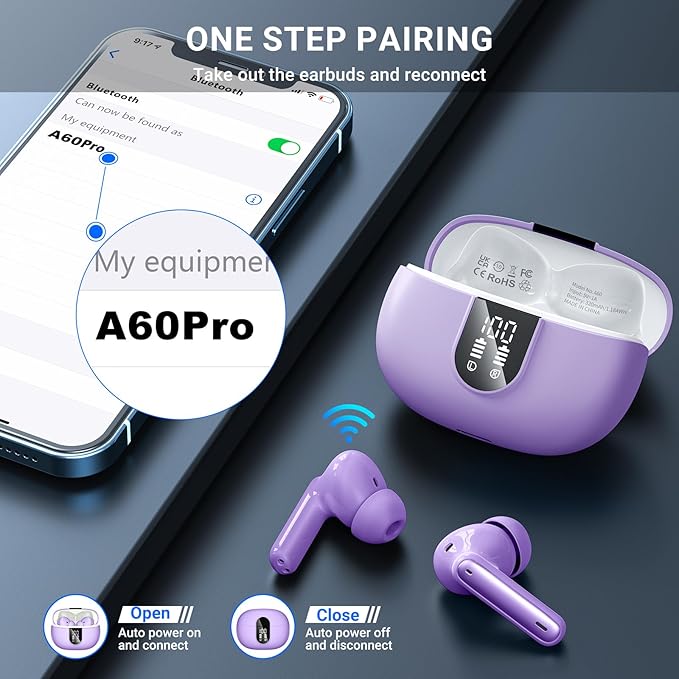 Wireless Earbuds, 2025 Wireless Headphones HiFi Stereo Earphones with 4 ENC Noise Canceling Mic, 42Hs Playtime In Ear Earbud, Bluetooth 5.3 Sport Earphones with LED Power Display for Android iOS