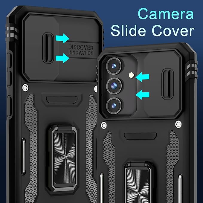 DEERLAMN Case for Samsung Galaxy S25 FE 6.7-Inch with Slide Camera Cover+Screen Protector(1 Pack), Rotated Ring Kickstand Military Grade Shockproof Protective Cover-Black
