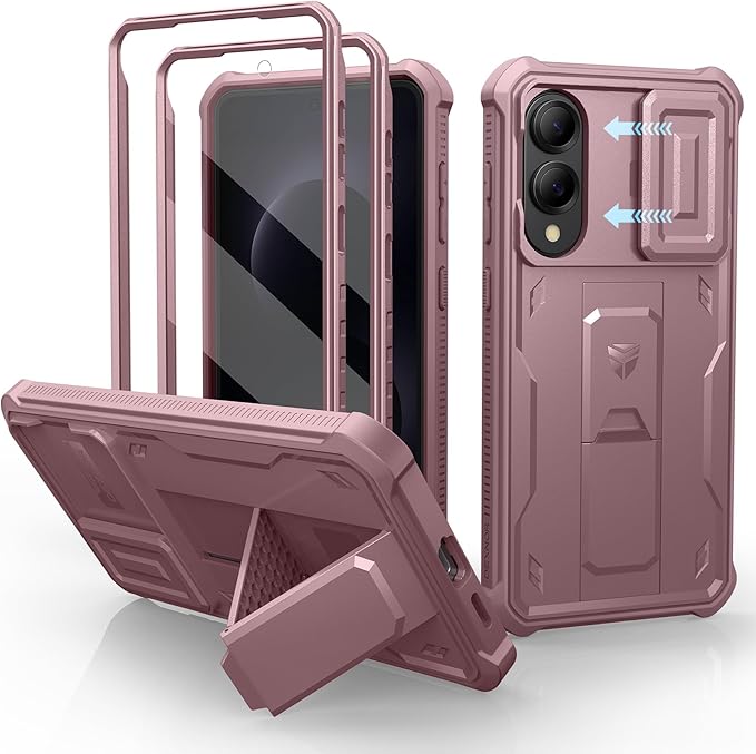 Dexnor for Samsung Galaxy S25 Edge Case with Upgraded Slide Camera Cover & 2 Front Frames & Built-in Screen Protector & Kickstand, Heavy-Duty Rugged Case Full-Body Bumper Protective Cover,Peony Pink