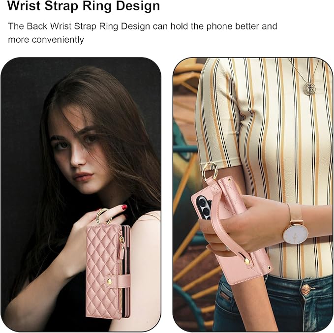 KIHUWEY for Galaxy Z Fold 7 Wallet Case with Card Holder Premium Leather Magnetic RFID Blocking Shockproof Zipper Wrist Strap Lanyard Cover for Samsung Galaxy Z Fold 7 8.0 Inch (Rose Gold)