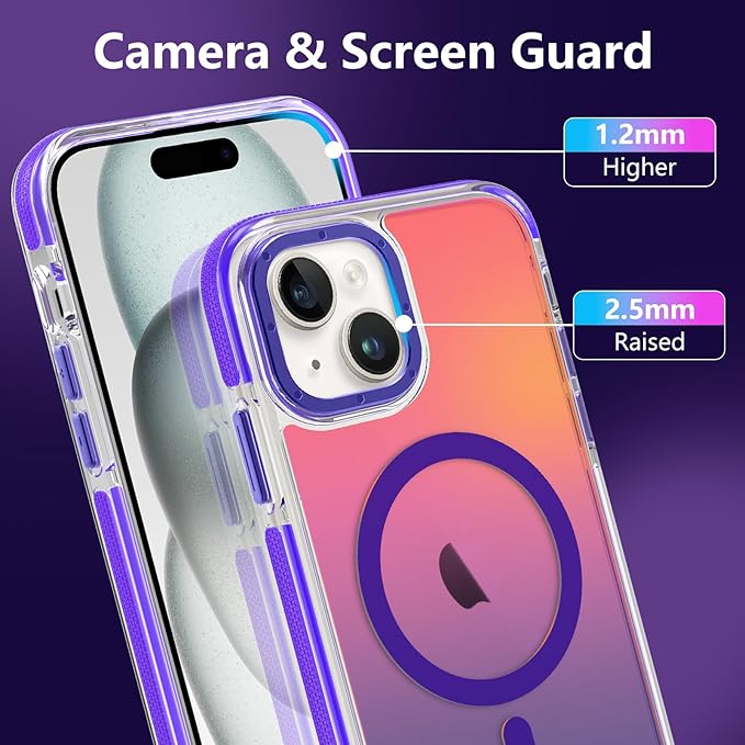 MOWIME Magnetic Case for iPhone 15 [Compatible with Magsafe] [Cute Fashion Fluorescent Design] [1 Screen Protector] Slim Translucent Matte Case for iPhone 15 6.1" 2023, Purple