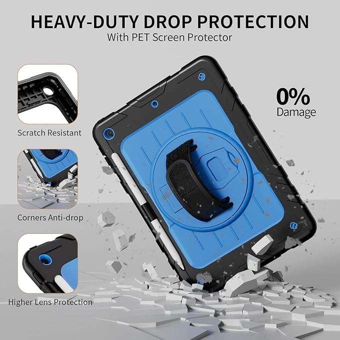 Case for iPad 9th/8th/7th Generation-Built-in Screen Protector,with Pencil Holder&360°Rotating Hand Strap,Shoulder Strap,Case for iPad 10.2 inch 2021-2019(Black/Sky Blue)