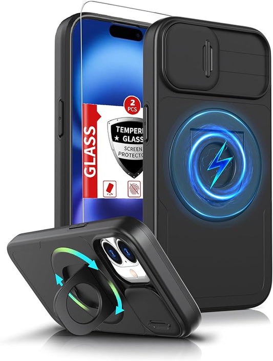 for iPhone 16 Plus Case Magnetic Compatible with MagSafe Wireless Charging with 2 Screen Protectors,Built-in Kickstand Ring Camera Heavy Duty Protection Military Grade Drop Shockproof Black