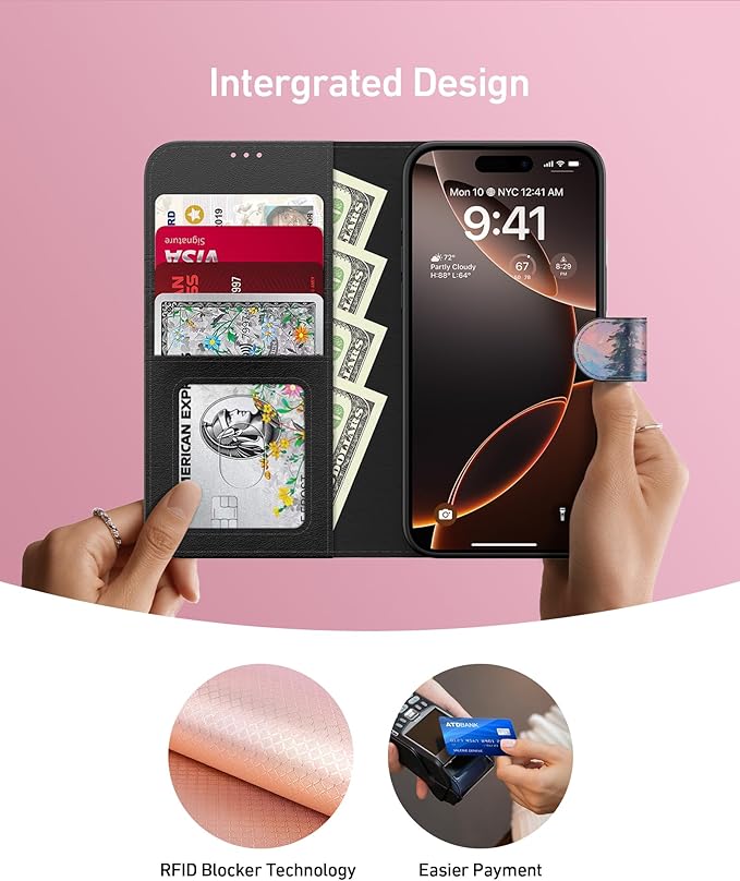 DEENAKIN for iPhone 16 Pro Wallet Case with Card Holder + Cash Clip, RFID-Blocking, Military-Grade Drop Protection, Magnetic Closure with Leather Kickstand - Mountain Blossom Glow