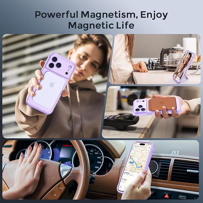 MOCCA Compatible with iPhone 17 Pro Case with Magnetic Invisible Stand [Full Camera Protection] [Compatible with Magsafe] Military Drop Shockproof Translucent Matte Phone Case Cover 6.3",Light Purple