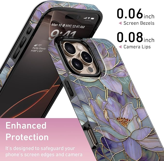 FUNMIKO for iPhone 16 Pro Max Wallet Case with Card Holder, RFID-Blocking, Military-Grade Protection & UV-Printed Artwork, Magnetic Closure with Leather Kickstand - Dreamy Lotus