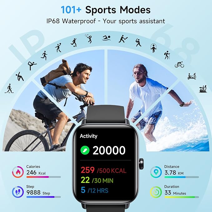 Smart Watches for Men Women, Alexa Built-in, 1.8" Smartwatch with Heart Rate/SpO2/Sleep/Stress, IP68 Waterproof Fitness Tracker with Bluetooth Call (Answer/Make), 101+ Sports Modes, for Android iPhone