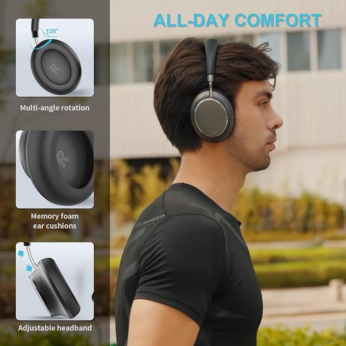 T-fun NC35 Hybrid Active Noise Cancelling Headphones, 360° Spatial Audio with Head Tracking, Over Ear Headphones Wireless Bluetooth 5.3, 55H ANC Playtime, Deep Bass, Custom EQ via App, for Travel Home