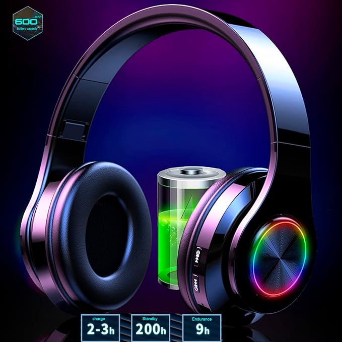 Kids Bluetooth Over Ear Headphones, Colorful LED Lights Headphones with Built-in Mic, Bluetooth 5.0, Wired and Wireless Foldable Stereo Headphones for Classroom/Home Office/Tablet/Airplane(Blue)