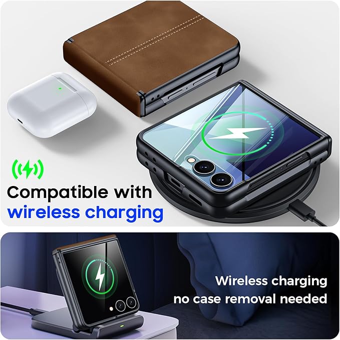 for Samsung Galaxy Z Flip 7 Case with Hinge Protection & Built-in Screen Protector, Ultra Thin Stylish Leather Matte PC Durable Shockproof Cover Phone Case for Galaxy Z Flip 7-Brown