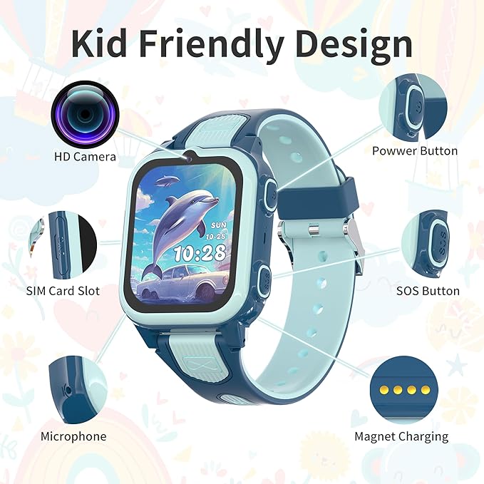 4G Kids Smart Watch Boys with GPS Tracker & Video Calling Texting, Smart Watch for Boys Age 5-12 with SOS Call Chat Camera Pedometer Alarm Calculator Games Phone Book, GPS Watch for Kids Gifts(Blue)