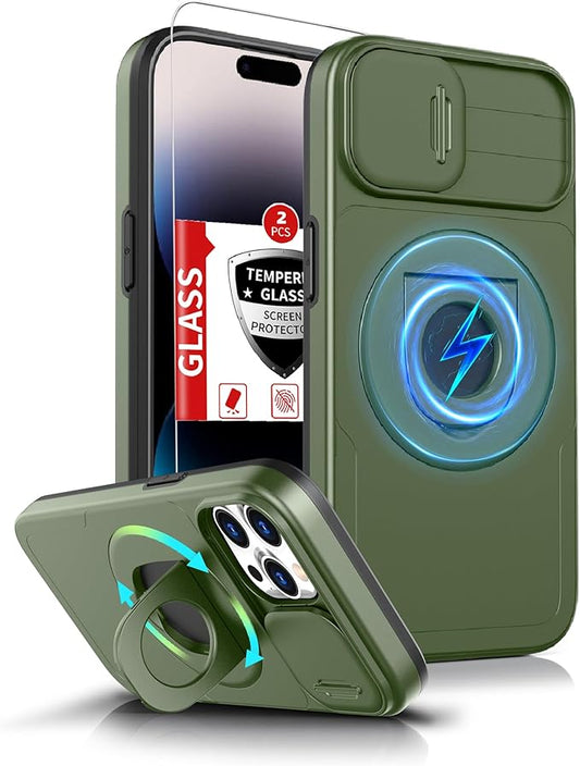 for iPhone 14 Pro Case Compatible with MagSafe Magnetic,with 2 Screen Protectors,Built-in Camera Cover,with Stand Ring,Military Grade Drop Shockproof Heavy Duty Protection Phone Bumper Green
