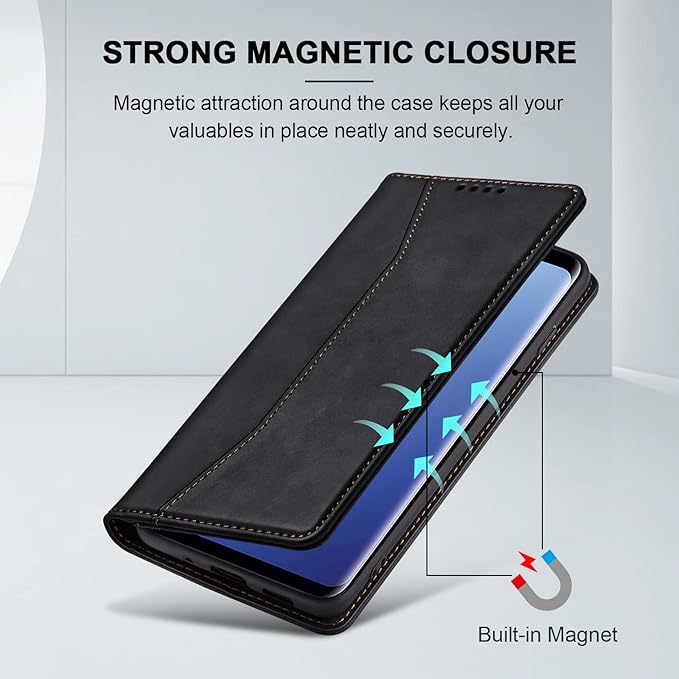 Jasonyu Flip Wallet Case for Samsung Galaxy S9,Leather Magnetic Folio Cover with Card Holder,Kickstand - TPU Shockproof Durable Protective Phone Case,Black