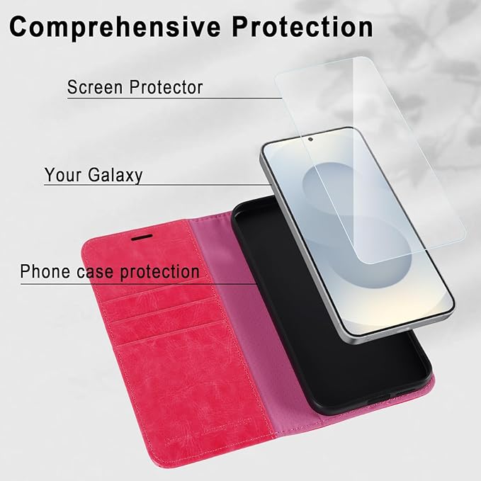 MONASAY Wallet Case Fit for Samsung Galaxy S25 5G, [Lens & Glass Screen Protector Included] [RFID Blocking] Flip Folio Leather Cell Phone Cover with Credit Card Holder, 6.2 inch, Hot-Pink