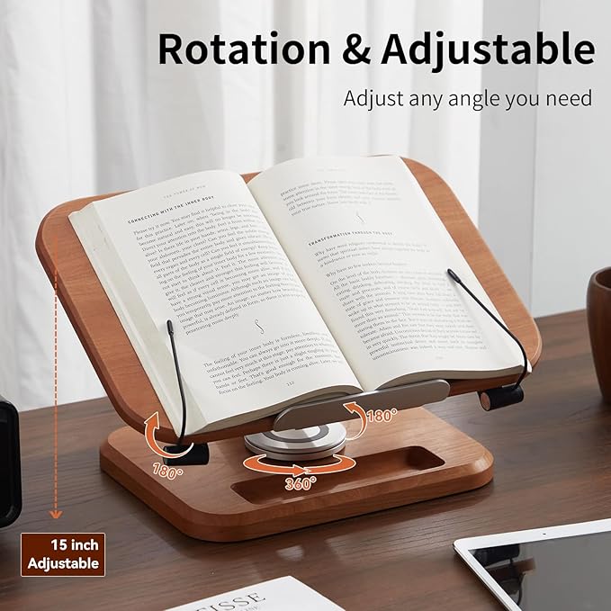 Book Stand for Reading, Mayhas Adjustable Book Holder with 360° Swivel Base&Page Clips, Foldable Desktop Stand for Cookbook, Fits All Books (Cherry Wood, Wood Base)