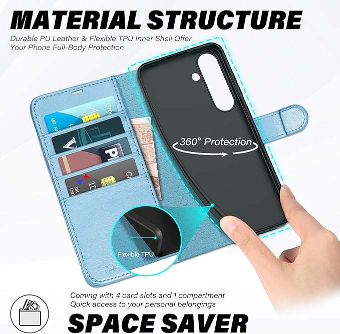 TUCCH Case Wallet for Galaxy S25 FE 5G, Magnetic PU Leather Kickstand [RFID Blocking] 4 Card Slots Flip Cover with [TPU Shockproof Interior Shell] (6.7") 2025, Pearly Light Blue