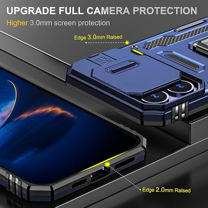 Case for iPhone 14 Pro Phone Case with Camera Lens Cover, with Ring Holder Kickstand, fit Magnetic Car Mount, for iPhone 14 Pro (Navy Blue)