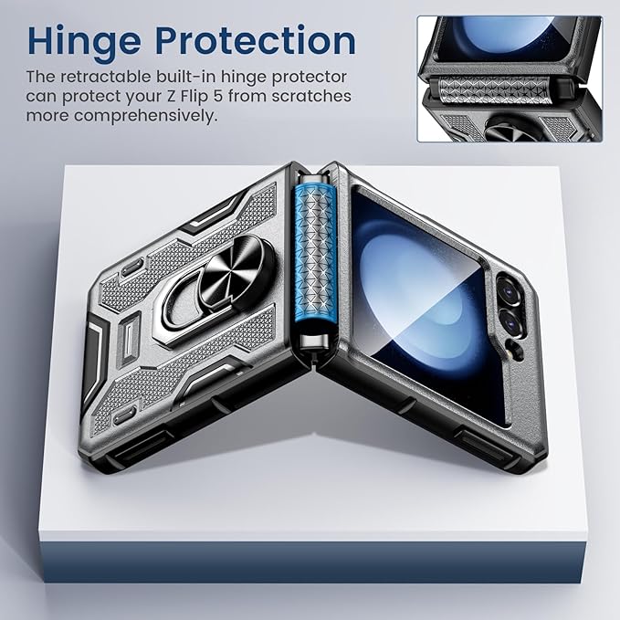 VEGO for Galaxy Z Flip 5 Case with Stand, 360°Ring Magnetic Ring Kickstand & Belt Clip Holster & Camera Screen Protector & Hinge Protection, Shockproof Cover - Grey