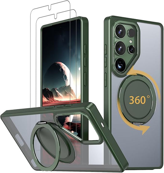 Magnetic Stand Case for Samsung Galaxy S25 Ultra [with 2 Tempered Glass Film] [360° Rotation Magnetic Stand] [Compatible with Magsafe] Military-Grade Drop Protection Case, Green