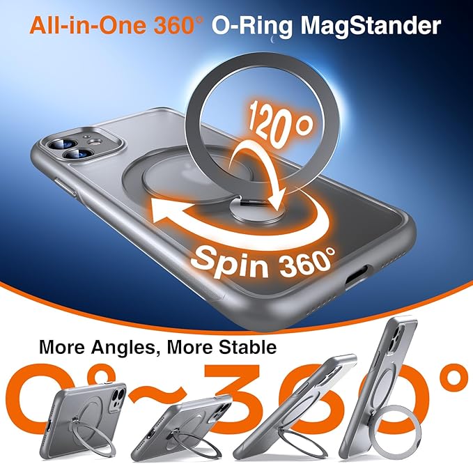 360° O-Ring MagStander for iPhone 11 Case with Magnetic Kickstand Ring Holder [Compatible with MagSafe][360°Rotate Stand Ring][Military Shockproof] Magnet iPhone 11 Phone Cover Matte Grey