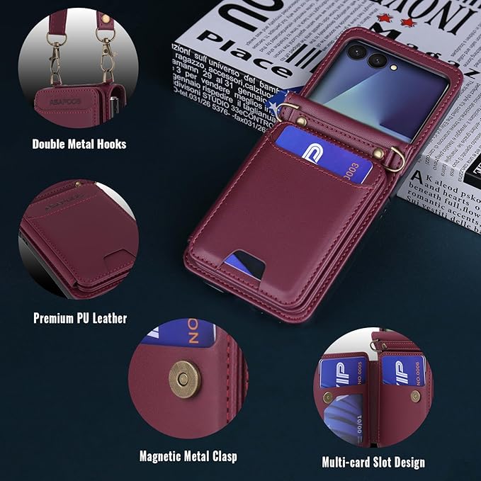 ASAPDOS for Samsung Galaxy Z Flip 7 PU Leather Wallet Phone Case with Card Slots (Holds 5 Cards), Anti-Drop Protection, Wrist & Shoulder Strap Wine Red