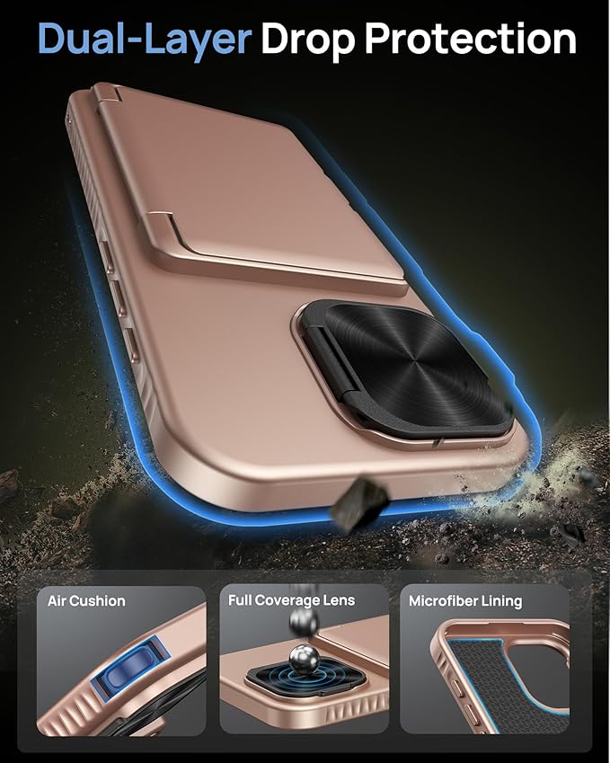 for iPhone 16 Case with Card Holder & Camera Lens Cover & Stand, Military Grade Drop Protection Shockproof Rugged Kickstand Wallet Protective Phone Case Cover for iPhone 16 6.1" 2024, Rose Gold