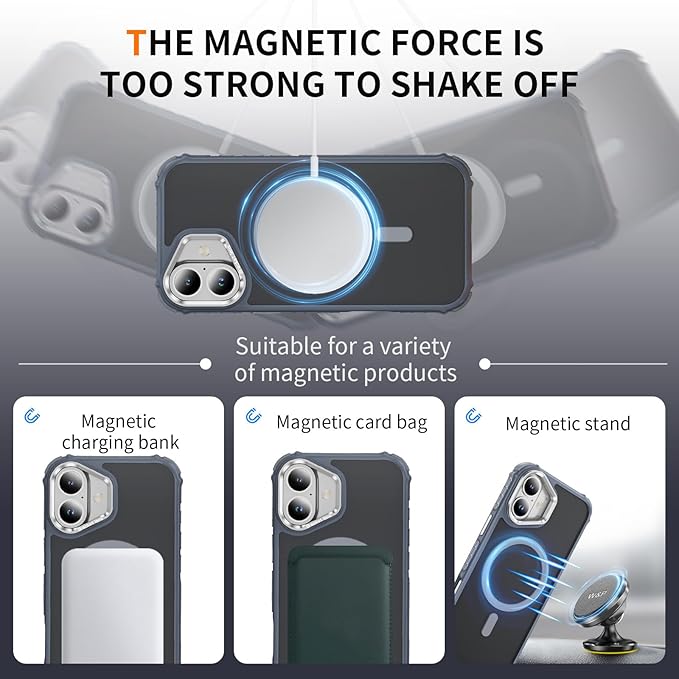 Magnetic for iPhone 16 Case Gray with MagSafe Wireless Charging Heavy Duty Military-Grade Shockproof Protection Adjustable Kickstand Slim Matte Anti-Fingerprint Cover Men Women