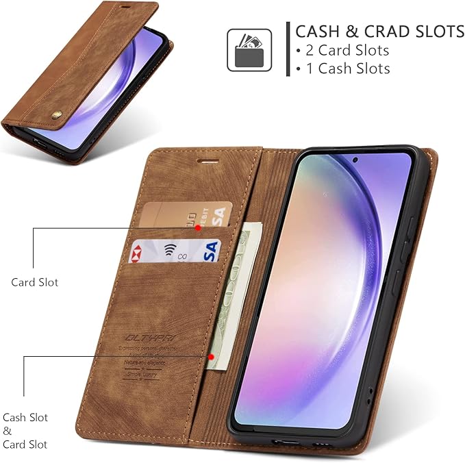QLTYPRI Wallet Case for Samsung Galaxy S24, Vintage Folio PU Leather Purse Case with Card Slots Magnetic Closure Kickstand Flip Crashproof Phone Cover for Samsumg Galaxy S24 - Brown