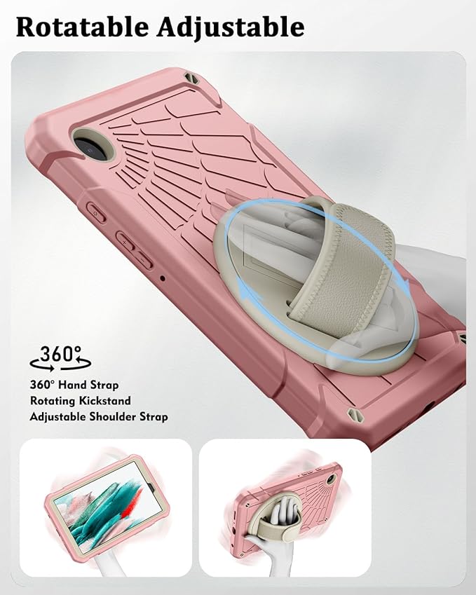 Case for Samsung Galaxy Tab A9 8.7 Inch 2023, 360° Rotating Stand, Hand Strap&Shoulder Strap Case for Samsung A9 Tablet(SM-X110/X115/X117) (Sakura Powder)