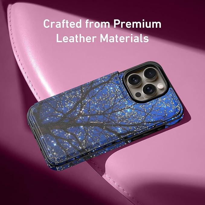 FUNMIKO for iPhone 15 Pro Wallet Case with Card Holder, RFID-Blocking, Military-Grade Protection & UV-Printed Artwork, Magnetic Closure with Leather Kickstand - Dreamy Wishing Tree