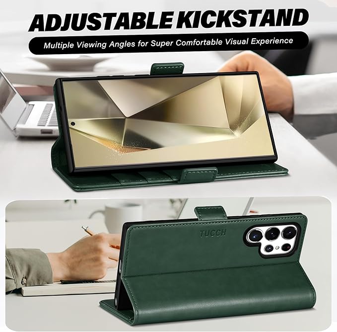 TUCCH Wallet Case for Galaxy S25 Ultra 5G, Magnetic PU Leather Stand [RFID Blocking] Card Slot Protective Folio Flip Cover with TPU Shockproof Interior Case Compatible with Galaxy S25 Ultra, Evergreen