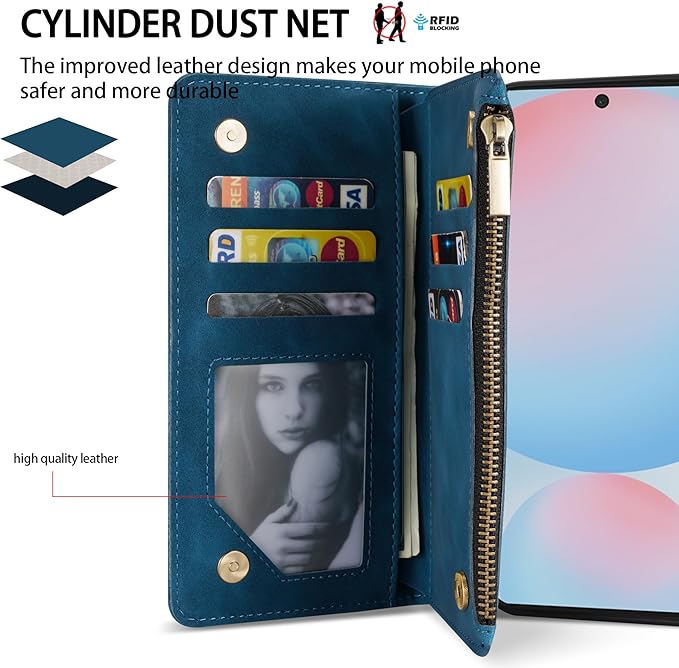 ZZXX for Samsung Galaxy S24 FE Wallet Case with RFID Blocking Card Slot PU Leather Zipper Flip Folio with Strap Kickstand Protective Cover for Samsung Galaxy S24 FE Case Wallet(Blue-6.7 inch)