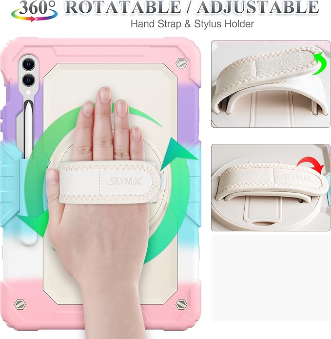 SEYMAC stock Case for Samsung Galaxy Tab S10 Plus/ S9 FE Plus/ S9+ 5G Tablet 12.4'' Case with Screen Protector Pencil Holder [360 Rotating Hand Strap] &Stand, Drop-Proof, Beige+Pink