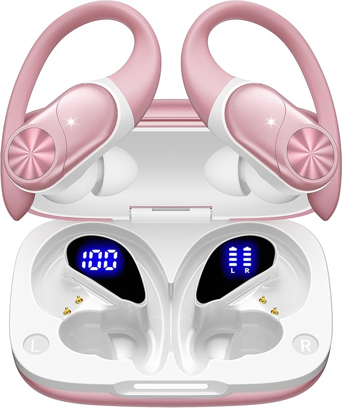 PocBuds Bluetooth Headphones Wireless Earbuds 80hrs Playtime Wireless Charging Case Digital Display Sport Ear Buds with Earhook Deep Bass IPX7 Waterproof Over-Ear Earphones for Phone Laptop Rose Gold