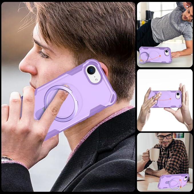 Designed for iPhone 16E Case with Magnetic Stand [Military Drop Protection][Compatible with Magnet] Shockproof 16E Phone Case with Ring Holder, Purple