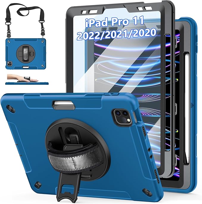Case for iPad Pro 11 Inch 2022/2021/ 2020/2018: Cover for iPad 11 Inch 4th/ 3rd/ 2nd/ 1st Generation with Screen Protector- Stand- Handle- Shoulder Strap- Pencil Holder Blue