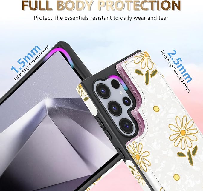 NNH Compatible with Samsung Galaxy S25 Ultra Wallet Case with RFID Blocking Card Slots Flip PU Leather Kickstand Double Magnetic Clasp Design Cover for Galaxy S25 Ultra(6.8 inch-White Little Daisy)