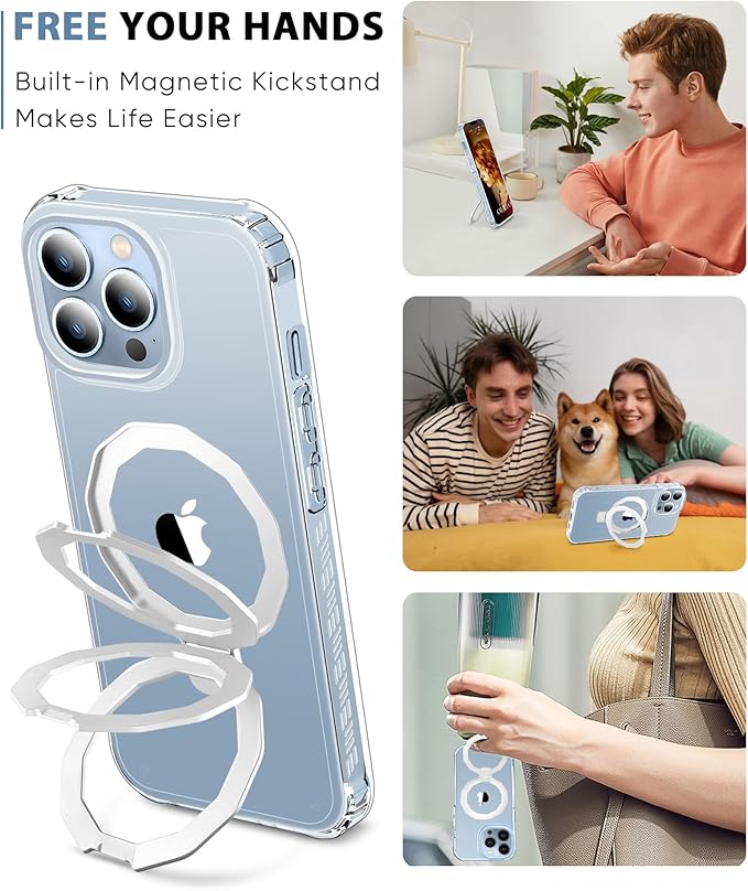 Compatible with iPhone 13 Pro Max Case, Built-in Screen Protector & Seamless Stand, with Camera Lens Protector, Strong Magnetic Clear Phone Case, Full Body Protective Cover for 6.7" (Clear)