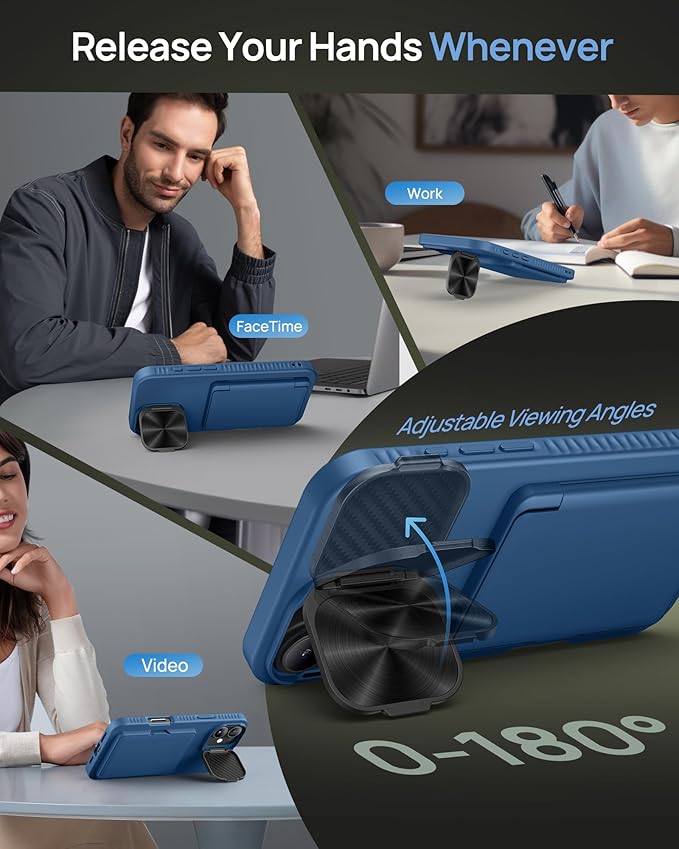 for iPhone 16 Plus Case with Card Holder, Built-in Stand & Camera Lens Cover, Shockproof Rugged Silicone Raised Edge Protective Multifunctional Wallet Phone Case for iPhone 16 Plus 2024, Blue