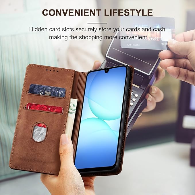 Jasonyu Flip Wallet Case for Samsung Galaxy A17 5G,Leather Magnetic Folio Cover with Card Holder,Kickstand - TPU Shockproof Durable Protective Phone Case,Brown