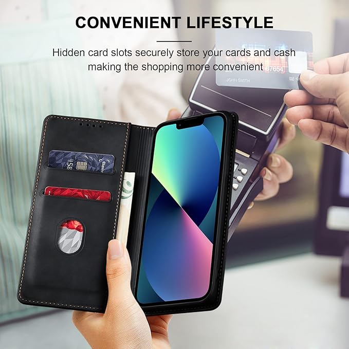 Jasonyu Flip Wallet Case for iPhone 13,Leather Magnetic Folio Cover with Card Holder,Kickstand - TPU Shockproof Durable Protective Phone Case,Black