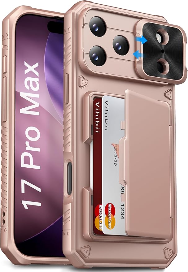 Vihibii for iPhone 17 Pro Max Case Wallet with Card Holder (4 Cards) [RFID Blocking] & Slide Camera Cover, Military Grade Drop Protection, Rugged Back & Silicone Edge Phone Case 6.9" 2025, Rose Gold