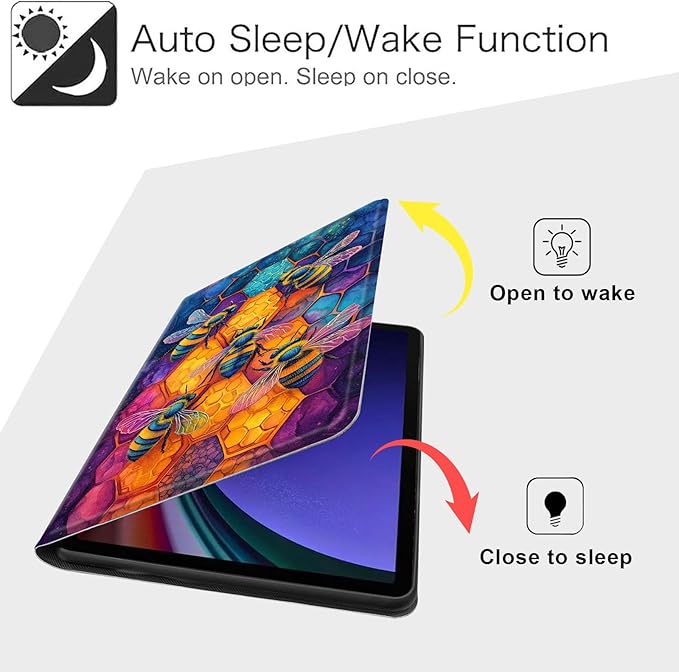Case for Samsung Galaxy Tab S10 FE/ S9 FE 5G 10.9 Inch/Tab S9 11 Inch, Slim PU Leather Stand Cover with Auto Wake/Sleep, Multi-Angle Viewing & Shockproof, Illustration of Bees
