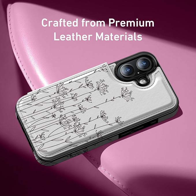 FUNMIKO for iPhone 16 Wallet Case with Card Holder, RFID-Blocking, Military-Grade Protection & UV-Printed Artwork, Magnetic Closure with Leather Kickstand - Elegantly Sketched Flower