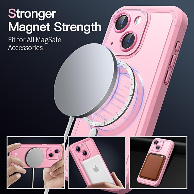 COOLQO Magnetic for iPhone 13 Case, Compatible with MagSafe, Dual Layer Design Military Grade Protection, Translucent Matte Scratch-Resistant Back Protective Shockproof Phone Case, Pink