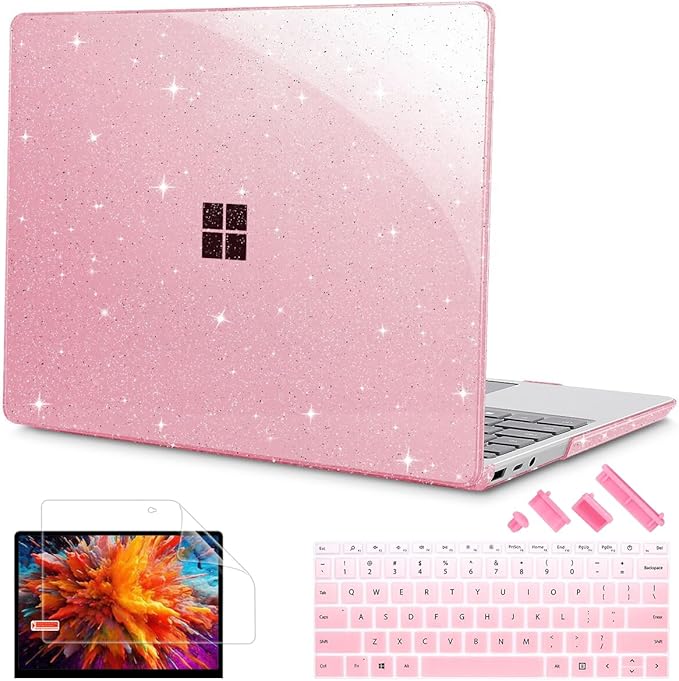 Tuiklol Case for 12.4 Inch Microsoft Surface Laptop Go 3/2 / 1 2023-2020 Releases, Plastic Hard Shell Case with Screen Protector and Keyborad Cover +Dust Plugs Model 2013/1943,Sparkly Pink