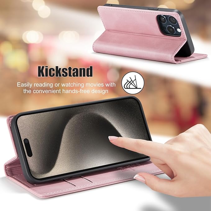japezop iPhone 15 Pro Max 5G Wallet Case with [RFID Blocking],Card Holder Kickstand Magnetic,Leather Flip Case Wallet for iPhone 15 Pro Max 5G 6.7 Inch(Pink)