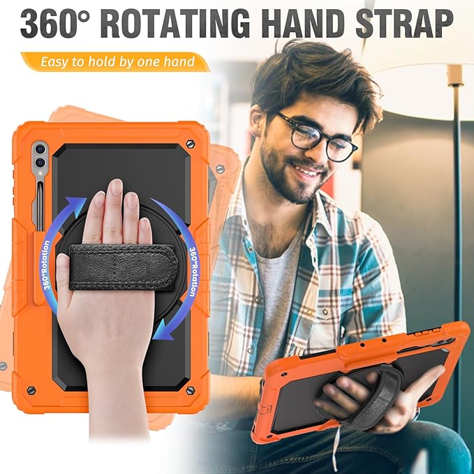 HXCASEAC Case for Samsung Galaxy Tab S7 FE 5G 12.4 inch, Protective with Screen Protector/Hand Strap/S Pen Holder, Heavy Duty Design for Samsung Galaxy S7 FE Tablet Case - Orange
