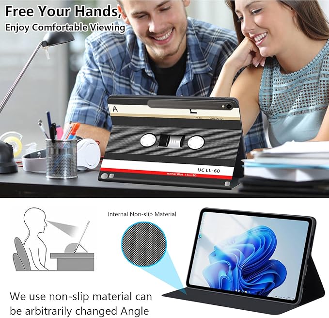 Slim Case for Samsung Galaxy Tab S10 FE / S9 FE 5G 10.9" & Tab S9 11", PU Leather Protective Cover, Multi-Angle Stand, Auto Sleep/Wake, Retro Tape